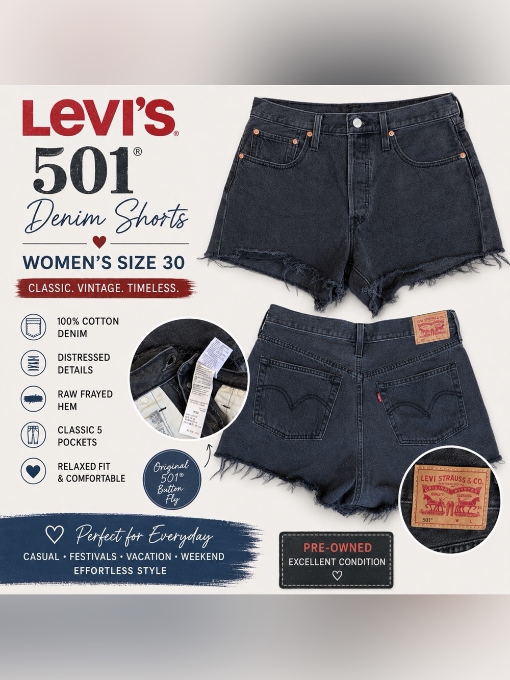Levi’s 501 Original Cutoff Denim Shorts – Women’s Size 30